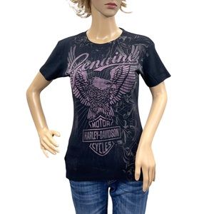 HARLEY-DAVIDSON Women’s Black Ribbed Short Sleeve Tee Shirt Size Small